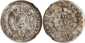 BOLIVIA. 5 Centavos, 1875-PTS FE. Potosi Mint. NGC MS-65.
KM-157.2. This is a common coin in a most uncommon grade, a gun metal gray toned example wi...