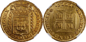 BRAZIL. 20000 Reis, 1727-M. Minas Gerais Mint. Joao V. NGC Unc Details--Surface Hairlines.
Fr-33; KM-117; LDMB-O251; Gomes-106.04. This handsome and ...