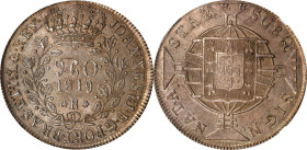 BRAZIL. 960 Reis, 1819-R. Rio de Janeiro Mint. Joao VI. NGC AU-58.
KM-326.1. Overstruck upon a Chile Volcano Peso of 1819. Inspiring sepia and gray t...