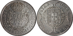 BRAZIL. 960 Reis, 1820-R. Rio de Janeiro Mint. Joao VI. PCGS MS-62.
KM-326.1. Overstrike is clearly visible. Alluring luster throughout. Few of this ...