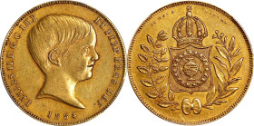 BRAZIL. 10000 Reis, 1834. Rio de Janeiro Mint. Pedro II. PCGS AU-55.
Fr-117; KM-451; LDMB-616. Mintage: 5,617. A fairly SCARCE date, this charming sp...