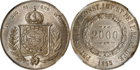 BRAZIL. 2000 Reis, 1855. Rio de Janeiro Mint. Pedro II. NGC MS-63.
KM-466. Striking graphite gray toning with sparkling underlying luster. A singular...