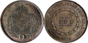 BRAZIL. 500 Reis, 1865. Rio de Janeiro Mint. Pedro II. PCGS MS-65+.
KM-464; LDMB-P598. Vivid multicolored toning adorns both sides of this beautiful ...
