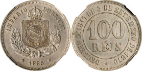 BRAZIL. 100 Reis, 1885. Rio de Janeiro Mint. Pedro II. NGC MS-63.
KM-477; LDMB-15. Smoothly toned a rather attractive amber gray, this glossy copper-...