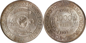 BRAZIL. 1000 Reis, 1900. Rio de Janeiro Mint. PCGS MS-65.
KM-500; LDMB-P678. Commemorating the 400th Anniversary of Discovery. This piece presents th...