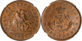 CANADA. Upper Canada. Penny Token, 1857. London (Heaton) Mint. Victoria. NGC MS-62 Brown.
KM-Tn3; PC-6D.St. George is slaying the dragon on the obver...