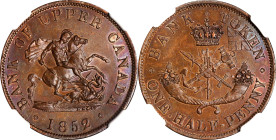 CANADA. Upper Canada. 1/2 Penny Token, 1852. London (Heaton) Mint. Victoria. NGC MS-63 Brown.
KM-Tn2; Br-720. St. George and the Dragon motif. Much b...
