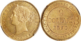 CANADA. Newfoundland. 2 Dollars, 1870. London Mint. Victoria. PCGS MS-61.
Fr-1; KM-5. Variety with dot after "NEWFOUNDLAND". This thoroughly attracti...