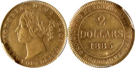 CANADA. Newfoundland. 2 Dollars, 1885. London Mint. Victoria. PCGS AU-53.
Fr-1; KM-5. Scarcer date in the series with a mintage of 10,000 pieces. Lit...