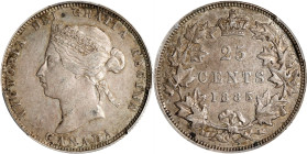 CANADA. 25 Cents, 1885. London Mint. Victoria. PCGS AU-50.
KM-5. Variety with curved "5". Youthful portrait of Queen Victoria. Lower mintage date, (1...
