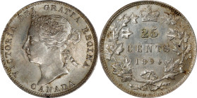 CANADA. 25 Cents, 1894. London Mint. Victoria. PCGS MS-62.
KM-5. An illustrious Canadian 25 Cents 1894. Somewhat better date in the series, and fully...