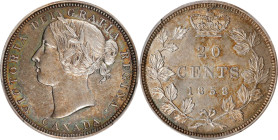 CANADA. 20 Cents, 1858. London Mint. Victoria. PCGS AU-58.
KM-4. When held under a light source, vivid emerald, sapphire and pale russet tones come a...