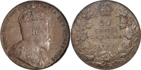 CANADA. 50 Cents, 1907. London Mint. Edward VII. PCGS AU-50.
KM-12. Deep charcoal gray toning with a pleasing portrait of the king. Edwardian 50 Cent...