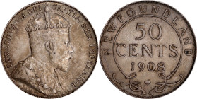 CANADA. 50 Cents, 1908. Ottawa Mint. Edward VII. PCGS AU-50.
KM-11. Slate gray toned example with a strong portrait of the king. Very little actual w...