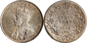 CANADA. 25 Cents, 1919. Ottawa Mint. George V. PCGS MS-63.
KM-25. Inviting mottled bluish-gray and pale amber hues are spread somewhat evenly across ...