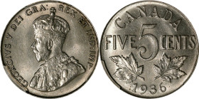 CANADA. 5 Cents, 1936. Ottawa Mint. George V. PCGS MS-64.
KM-29. Far S variety. Lustrous surfaces exhibit a smooth satin to softly frosted texture th...