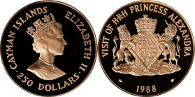 CAYMAN ISLANDS. 250 Dollars, 1988. London Mint. Elizabeth II. NGC PROOF-69 Ultra Cameo.
Fr-33; KM-99. AGW: 1.4016 oz. Issued to commemorate the visit...