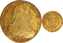 CHILE. 8 Escudos, 1795-So DA. Santiago Mint. Charles IV. PCGS EF-45.
Fr-23; KM-54; Cal-1760. A lovely specimen, with decent remaining details, and a ...