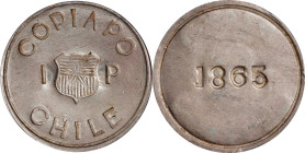 CHILE. Copiapo. Peso, 1865. PCGS AU-58.
KM-4. Issued during the siege of Puerto de Caldera. Superb for the type. Most examples that survived are quit...