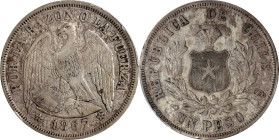 CHILE. Peso, 1867-So. Santiago Mint. PCGS Genuine--Rim Damage, EF Details.
KM-142.1. Type with UN PESO. An excellent example from the inaugural year ...