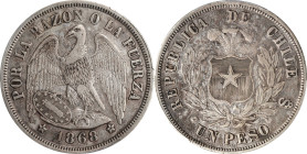 CHILE. Peso, 1868-So. Santiago Mint. PCGS Genuine--Cleaned, AU Details.
KM-142.1. Steel-gray overall with dappled olive green spanning the fields on ...