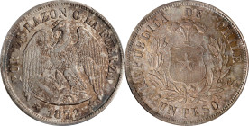 CHILE. Peso, 1872-So. Santiago Mint. PCGS MS-61.
KM-142.1. This flashy example is embellished with hazy deep golden-copper tinting, particularly over...