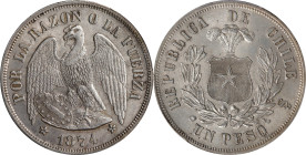 CHILE. Peso, 1874-So. Santiago Mint. PCGS MS-61.
KM-142.1. On display here is a lovely Mint State example with just the lightest champagne tint to th...