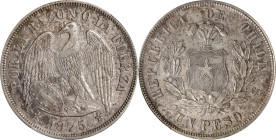 CHILE. Peso, 1875-So. Santiago Mint. PCGS Genuine--Cleaned, AU Details.
KM-142.1. Nicely retoned in mottled olive-gray and cold lilac patina, both si...