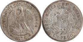 CHILE. Peso, 1876-So. Santiago Mint. PCGS MS-63.
KM-142.1. Satiny surfaces host original steel gray and russet hues that nicely accent the obverse de...