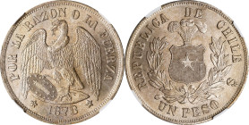 CHILE. Peso, 1878-So. Santiago Mint. NGC MS-64.
KM-142.1. A prime quality Peso with light silvery toning upon near flawless surfaces. Common in lower...