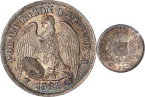 CHILE. Peso, 1881-So. Santiago Mint. PCGS MS-64.
KM-142.1. Elegant battleship gray toning with prime quality underlying luster. A dazzling offering o...