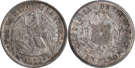 CHILE. Peso, 1883-So. Santiago Mint. PCGS MS-62.
KM-142.1. Round top 3 variety. Bathed in rich dove-gray patina with intermingled hints of amber and ...