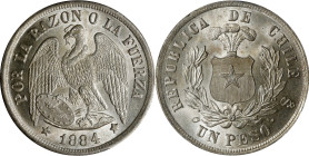 CHILE. Peso, 1884-So. Santiago Mint. PCGS MS-65.
KM-142.1. A stunning Gem with exquisite color and luster. Mostly bright white with a touch of lemony...