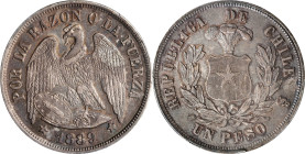CHILE. Peso, 1889-So. Santiago Mint. PCGS MS-62.
KM-142.1. This lustrous, typically struck example is toned with multi-colored iridescent toning, equ...