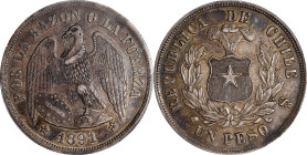CHILE. Peso, 1891/0. Santiago Mint. PCGS AU-50.
KM-142.1. Listed by PCGS as the finest certified example of the date, (top pop). With sterling slate ...