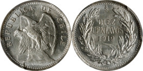 CHILE. 10 Centavos, 1919-So. Santiago Mint. PCGS MS-66.
KM-156.2A. Outstanding for the type with every feather on the condos sharply defined. A blast...