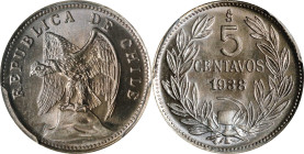 CHILE. 5 Centavos, 1938-So. Santiago Mint. PCGS MS-67+.
KM-165. A rather charming and beautiful specimen, this example is the finest of the type cert...