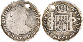 COLOMBIA. Real, 1777/7-NR JJ. Nuevo Reino Mint. Charles III. PCGS Genuine--Holed, Fine Details.
KM-46.1; Cal-504; Restrepo-38.9A. Rims are full and t...