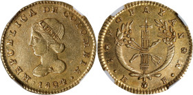 COLOMBIA. Escudo, 1824-FM. Popayan Mint. NGC MS-62.
Fr-72; KM-81.2. 1824 is one of the first years of Republican coinage of Colombia. Most of the ear...