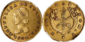 COLOMBIA. Escudo, 1824-FM. Popayan Mint. NGC AU-50.
Fr-72; KM-81.2, Restrepo-162.3. Minimal wear and very scarce thus. Most of this type was used in ...