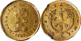 COLOMBIA. Escudo, 1825-FM. Popayan Mint. NGC AU-55.
Fr-72; KM-881.2, Restrepo-162.6. One of the finest available of this normally crude circulated ty...