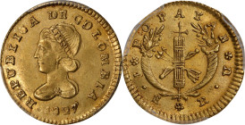 COLOMBIA. Escudo, 1827 RU/M. Popayan Mint. PCGS MS-61.
Fr-72; KM-81.2. Republic of Colombia issue. Visible overdate. Boldly struck portrait, seldom t...