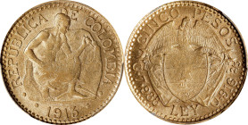 COLOMBIA. 5 Pesos, 1913. PCGS MS-62.
Fr-110; KM-195.1. AGW: 0.2354 oz. "Stonecutter" type. Fully brilliant, and far better than all the circulated ex...