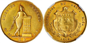 COSTA RICA. 2 Escudos, 1854-JB. San Jose Mint. NGC AU-55.
Fr-8; KM-99. Flatly struck, as per usual, yet little actual wear. Pleasing underlying golde...