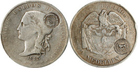 COSTA RICA. Costa Rica - Colombia. 50 Centavos, 1883. PCGS VF-20; Countermark: EF Details.
KM-135.2. Type VIII countermark shield on obverse and lion...