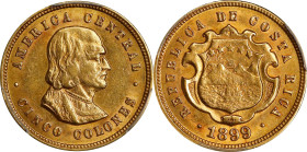 COSTA RICA. 5 Colones, 1899. San Jose Mint. PCGS AU-58.
Fr-21; KM-142. AGW 0.1126 oz. With portrait of Columbus. Strong golden luster and just a hint...