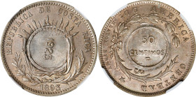 COSTA RICA. 50 Centimos, 1923. San Jose Mint. NGC MS-64.
KM-159. Countermarked on 1893 Heaton Costa Rica 25 Centimos (KM-130), brilliant full luster....