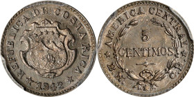 COSTA RICA. 5 Centimos, 1942-BN CR. PCGS MS-66.
KM-178. Overstruck with the undertype being a 2 Centimos 1903, KM-144. The undertype is easily visibl...