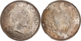CUBA. Souvenir Peso, 1897. Gorham Mint. NGC MS-63.
KMX-M2. Souvenir type with close date. Star above baseline. A stunning example with ash gray tonin...