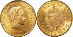 CUBA. 20 Pesos, 1915. Philadelphia Mint. PCGS MS-64.
Fr-1; KM-21. Lovely medium gold surfaces exhibit tinges of pale rose and orange-apricot as the c...